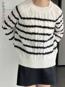 LANMREM Случайни плетене раиран пуловер пуловер жени кръг врата дълги ръкави върховете мода 2023 Есен Зима Ново 2AA2104