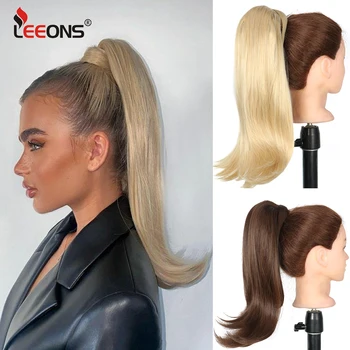 Leeons Wrap Around Ponytail Extensions Black Brown Straight 16 Inch Synthetic Fake Clip Hair Extensions Hair Piece Pony Tails