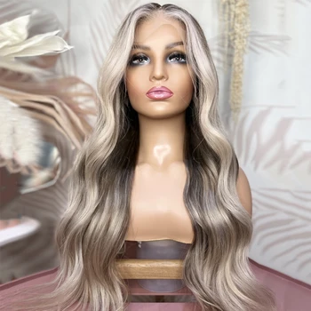 Light Smokey Full Lace Wig Ash Platinum Blonde Highlights Human Hair Wigs Transparent HD Lace Front Wig Glueless 13x6 28