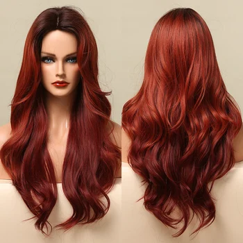 Long Body Wave синтетични перуки Ombre кафява до дълбоко червена перука коса за жени средна част косплей парти Daily топлоустойчиви влакна