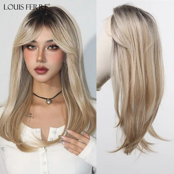 LOUIS FERRE Ombre Блондинки перуки с бретон Черно кафяви корени T част дантела фронтални перуки дълги прави блондинка естествена коса за жени