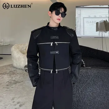 LUZHEN кожа стил оригинален пачуърк мъже тенденция корейски якета ниша дизайн луксозен кратко палто Mulit цип стойка яка Ef0ee1