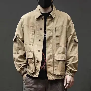 Male Jean Coats Outwear Cargo Khaki Autumn Men's Denim Jacket Big Size Menswear Cheap Price Stylish Clothing One Piece Vintage L