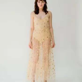 Mesh пачуърк звезда Bling Bling рокля прислужница рокля спагети презрамки жени покриват лятото тюл рокля v-образно деколте прашка рокля