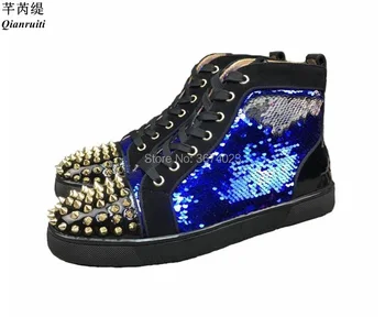 Qianruiti Men Glitter Bling high -top Sneakers Gold Rivets Shoes Platform Flat Casual Shoes Sneakers Ankle Boots Lace Up Shoes