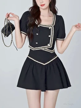 QIWN дизайнер две части комплект жени елегантен парти мини пола комплект женски корейски мода бутон случайни реколта пола костюм 2023