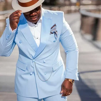 Slim Fit мъжки костюм с двойна гърда светлина Sky Blue 2 парче младоженец смокинг за сватба абитуриентски бал африкански мъж мода комплект яке панталони