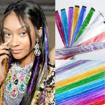 Sparkle Clip In Hair Tinsel Glitter Hair Extensions 10pcs/Pack Synthetic Rainbow Hairpieces Hair Accessories For Women Шапка