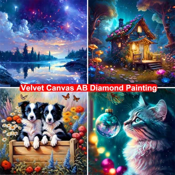 Velvet Canvas AB Diamond Painting Cat Dog DIY 5D Diamond Embroidery Night Scenery Mosaic Picture Cross Stitch Kit Home Decor Gif
