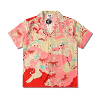Y2K Лято Нова реколта случайни извънгабаритни мъжки дрехи Хавайски плаж риза Trendyol мъжки кран печат къс ръкав розови ризи