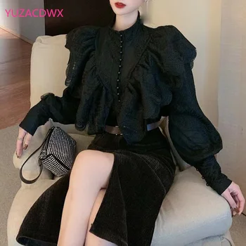 YUZACDWX Елегантна блуза жени дантела пачуърк разрошени дълъг фенер ръкав твърди тънък корейски мода секси ризи пролет Blusas