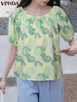 Бохемска блуза VONDA Дамски ризи с къс ръкав с кръгло деколте 2023 Летни ежедневни печатни свободни туника Blusas Feminina
