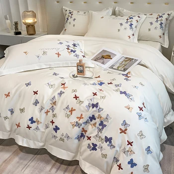 бродирани спални комплекти красива пеперуда 100% памук кралица размер бял 4-парче калъфка легло чаршаф юрган покритие комплекти