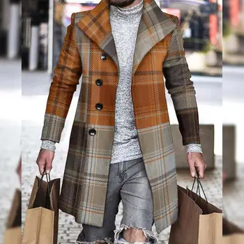 Вълнено палто Мъже Есен Зима Мода Мъжки вълнени палта Плътен цвят Еднореден ревер Дълго палто яке Мъже Ветровка