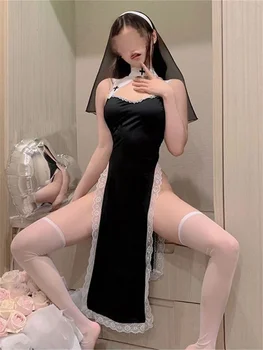 Горещ косплей монахиня сестра костюми за жени без ръкави crotchless рокля cos прислужница униформа нощници момиче роля игра еротичен костюм
