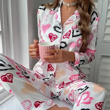Дамски пролетни пижами сърце печат пижама комплект бутон нагоре дълъг ръкав отгоре с панталони пижама комплекти Дамско спално облекло Loungewear Pjs