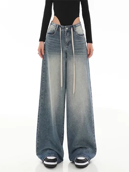 Дамски сини торбести дънки Harajuku 90s естетически реколта висока талия дънкови панталони 2000s Y2k пънк мода широк крак каубой панталон 2023