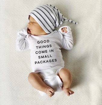 Добрите неща идват в малки пакети Новородено бебе момче момичета смешно гащеризон есенен дълъг ръкав гащеризон