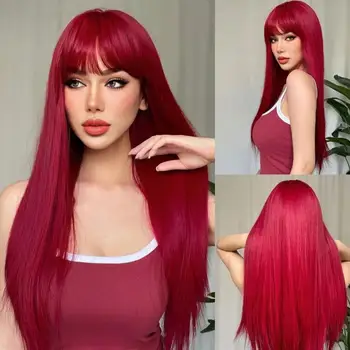 Дълга права синтетична перука със среден бретон червена перука за коса жени косплей естествена коса топлоустойчива пълна глава капак