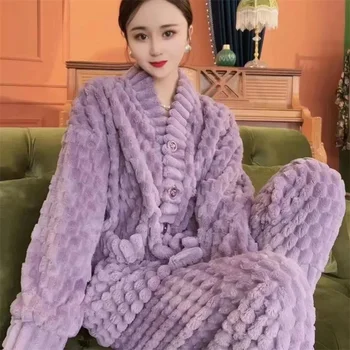 Експлозивен 2023 Нова зимна лилава снежинка кадифено кадифе с висока плътност Топла домашна пижама Пижами Женска есен Зима Плътен цвят
