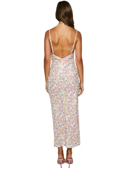 Елегантна флорална дантела пачуърк с висок прорез и ниско изрязан дизайн без гръб за жени Y2K парти без ръкави спагети