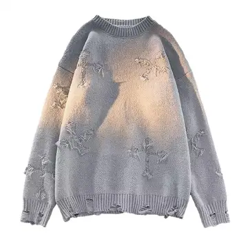 Есен Зима пуловер мъже ретро изтръгнат пискюл кръст модел плетене върховете плътен цвят хлабав O-образно деколте дълъг ръкав пуловер трикотаж