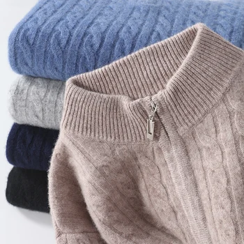 Есен и зима нов кашмир пуловер мъжки половин високо деколте цип пуловер дебел пуловер дълъг ръкав усукан бизнес палто