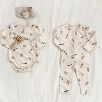 Есен Ново бебе дълъг ръкав сладък мечка печат дрехи комплект памук новородено бебе пижама бебе карикатура върховете + панталони 2бр костюм
