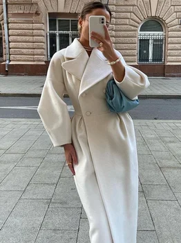 Есен фенер ръкав жени вълнено палто ревера двуреден офис дама дълги якета ветровка дебел streetwear женски палта