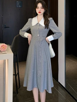 Есен Черно каре дълъг ръкав кукла яка Midi рокля 2023 Елегантна офис дама рокля жени корейски реколта Bodycon Casaul рокли