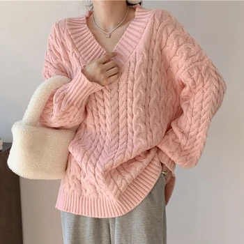 Есенна мода пуловери пуловер жени елегантен реколта v-образно деколте трикотажни пуловер жени 2023 шик корейски зимни трикотажни върхове 28892
