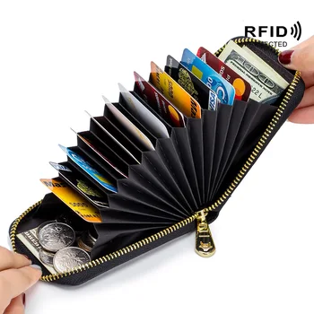 Естествена кожа мъже жени притежател на карта малък цип портфейл твърда монета чантата ключодържател дизайн rfid ID бизнес кредитна карта чанти