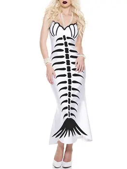 Жени Хелоуин Fishtail рокля Fishbone печат Лятна рокля без ръкави Коктейл Плажно улично облекло