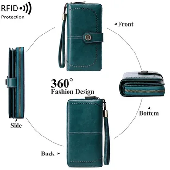 Жените кухи RFID дълъг цип чанта кожа портфейл маншет портфейл против кражба