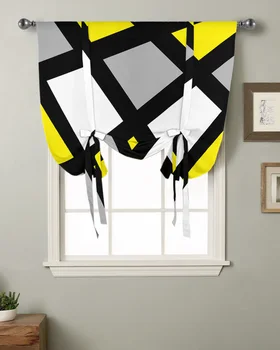жълт черен сив геометричен квадрат кухня къс прозорец завеса модерен дом декор малък прозорец римски вратовръзка завеси