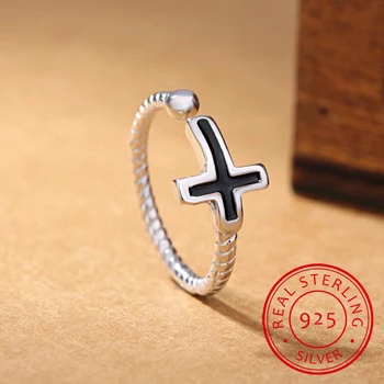 Класически 925 стерлинги сребърен показалец пръстени черен винил кръст обрат тайландски сребърен пръстен за мъже и жени S-R59