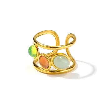 Класически три скъпоценни камъни сватбени пръстени за жени регулируем размер мода златен цвят неръждаема стомана мъже бижута на едро