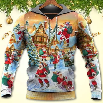 Коледен подарък Снежен човек графични качулки за мъже 3D смешно Коледа жаба печат качулка жени сладък Y2k зимни дрехи пуловери