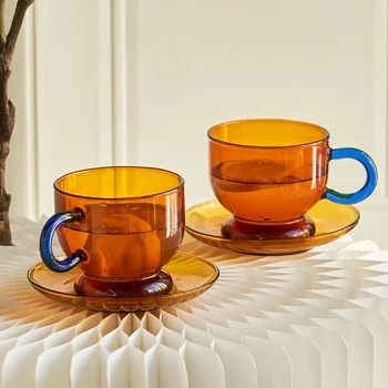 Комплект от 2 чаши и чинийки Стъклена чаша Кафе чай Бутилка за вода Комплект чаши Съдове за пиене Топлоустойчиво стъкло