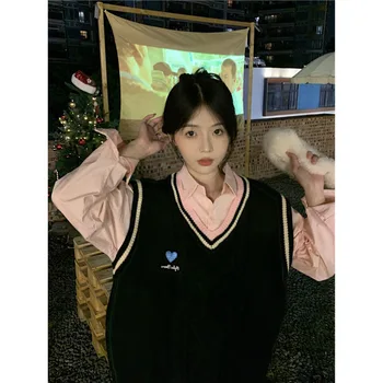 Корейска мода раирана пуловер жилетка жени Preppy стил любов сърце черен джъмпер Harajuku случайни Kpop трикотажни отгоре женски