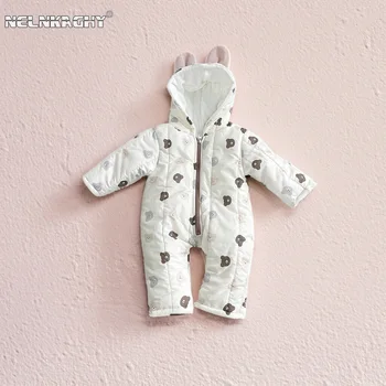 корейски стил унисекс бебе сладък мечка печат руно облицована връхни дрехи гащеризон, новородено бебе удебелен гащеризон за топлина оптимизация