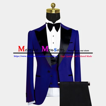 Костюм Mariage Homme Последни кралски сини мъже костюми 3 парчета черен изрязан ревера сватбен костюм за мъже Slim Fit младоженец парти смокинг