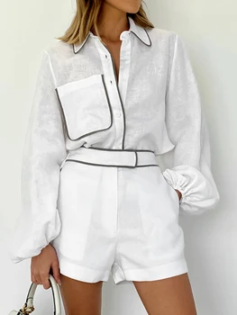 къси комплекти Ежедневни дамски летен костюм Мода Комплект от две части Памучни ленени шорти Дълъг ръкав Черна бяла риза Плажни екипировки Дама