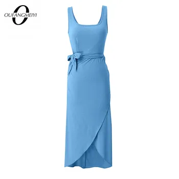 Летни жени мода плътен цвят рокли случайни празник обвивка прав резервоар рокля EB714