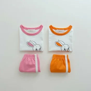 Летни момичета зайче розови екипировки малко дете карикатура къс ръкав цвят съвпадение тениска + шорти дрехи комплекти детски корейски костюми
