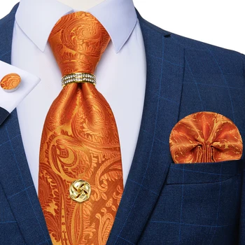 Луксозен оранжев Paisley твърди луксозни копринени връзки за мъже с кърпичка за ръкавели вратовръзка халс верига бизнес парти аксесоари подарък