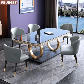 Луксозна мраморна каменна плоча маса за хранене Комплект 4 6 стола Mesa De Jantar De Comedor Мебели Comedor Marbre неръждаема стомана златна основа