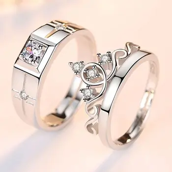 Луксозни циркон двойка сдвоени пръстени за жени мъже лъскава корона цвете сърце обещание пръст пръстен любовник годишнина сватбени бижута