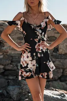 Лятна рокля Boho Дамски Дамски Флорални отпечатани Off Shoulder спагети каишка къси рокли Sundress плажно парти мини рокля жени