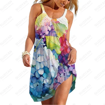 Лято нов плаж ваканция стил рокля хлабав случайни рокля женски класически спагети каишка рокля мода цвете 3D отпечатани рокля